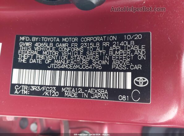 JTDS4MCE6MJ064796 2021 TOYOTA LL Red ძრავის განყოფილების ხედი