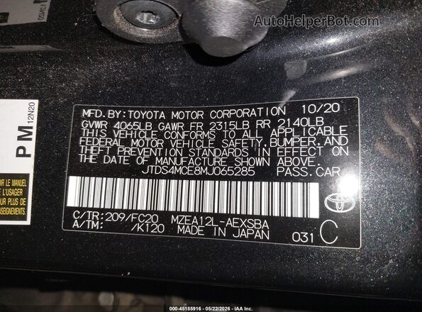 JTDS4MCE8MJ065285 2021 TOYOTA COROLLA Black Engine compartment view
