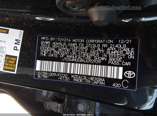 JTDS4MCE8NJ092939 2022 TOYOTA COROLLA Dark Blue ძრავის განყოფილების ხედი