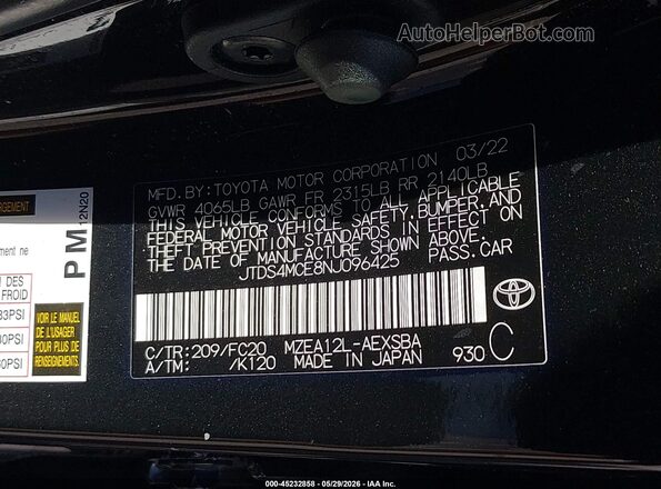 JTDS4MCE8NJ096425 2022 TOYOTA COROLLA Black Engine compartment view