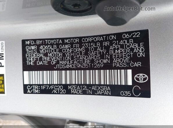 JTDS4MCE9N3511269 2022 TOYOTA LL Silver 