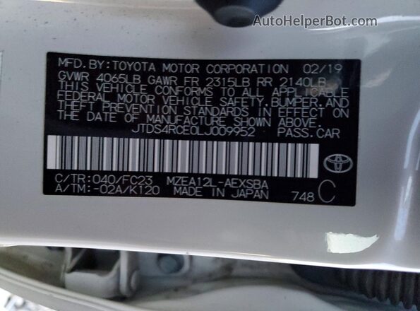 JTDS4RCE0LJ009952 2020 TOYOTA COROLLA White 