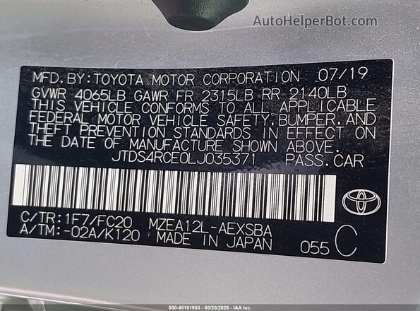 JTDS4RCE0LJ035371 2020 TOYOTA COROLLA Silver 