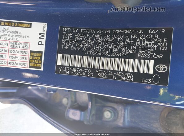 JTDS4RCE3LJ028771 2020 TOYOTA COROLLA Blue 