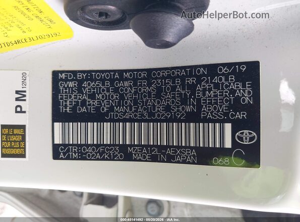 JTDS4RCE3LJ029192 2020 TOYOTA COROLLA White Engine compartment view