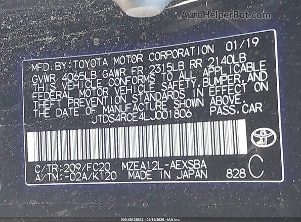 JTDS4RCE4LJ001806 2020 TOYOTA COROLLA Black Вид підкапотного простору