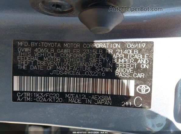 JTDS4RCE6LJ032216 2020 TOYOTA COROLLA Blue Vista del compartimento del motor