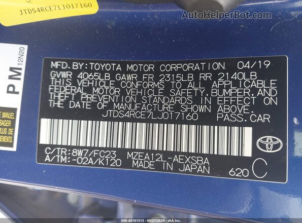 JTDS4RCE7LJ017160 2020 TOYOTA COROLLA Blue 
