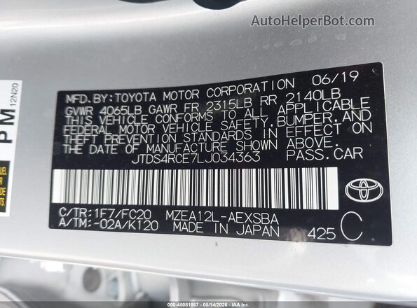 JTDS4RCE7LJ034363 2020 TOYOTA COROLLA Silver Widok komory silnika
