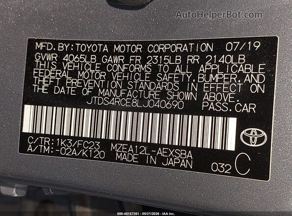 JTDS4RCE8LJ040690 2020 TOYOTA COROLLA Blue Շարժիչի բաժամունքի տեսք