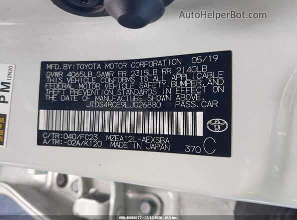 JTDS4RCE9LJ026880 2020 TOYOTA LL White 