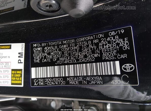 JTDT4RCE0LJ042552 2020 TOYOTA COROLLA Black Շարժիչի բաժամունքի տեսք
