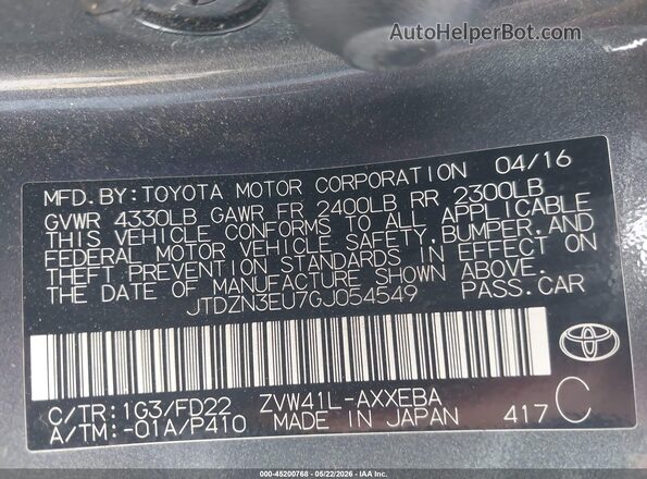 JTDZN3EU7GJ054549 2016 TOYOTA PRIUS V Gray Շարժիչի բաժամունքի տեսք