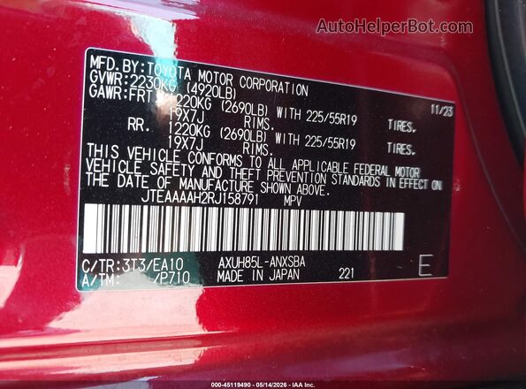 JTEAAAAH2RJ158791 2024 TOYOTA VENZA Red Вид підкапотного простору