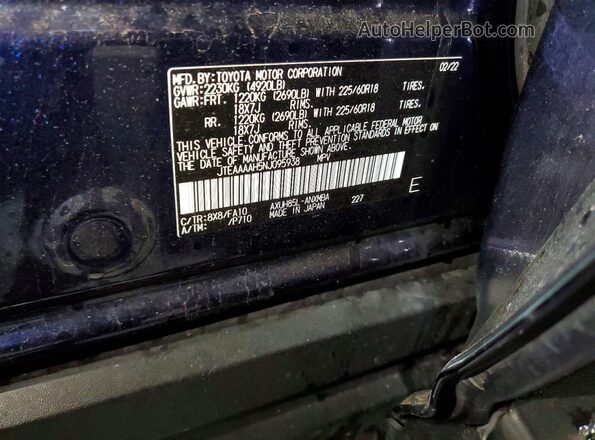 JTEAAAAH5NJ095938 2022 TOYOTA VENZA Blue VIN კოდის სტიკერის ხედი