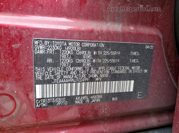 JTEAAAAH9NJ102499 2022 TOYOTA VENZA Red სალონის 360-გრადუსიანი ხედი