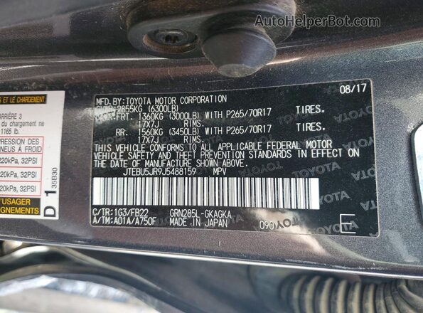JTEBU5JR9J5488159 2018 TOYOTA 4RUNNER Gray 