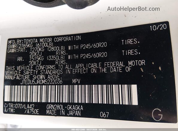 JTEDU5JR0M5232036 2021 TOYOTA 4RUNNER White Engine compartment view