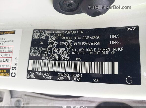 JTEDU5JR1M5246933 2021 TOYOTA LIMITED White Շարժիչի բաժամունքի տեսք