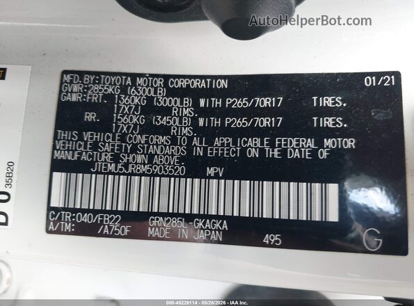JTEMU5JR8M5903520 2021 TOYOTA 4RUNNER White 