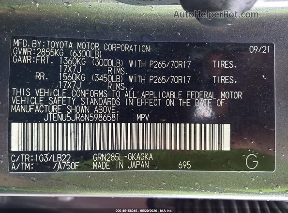 JTENU5JR6N5986581 2022 TOYOTA 4RUNNER Gray 