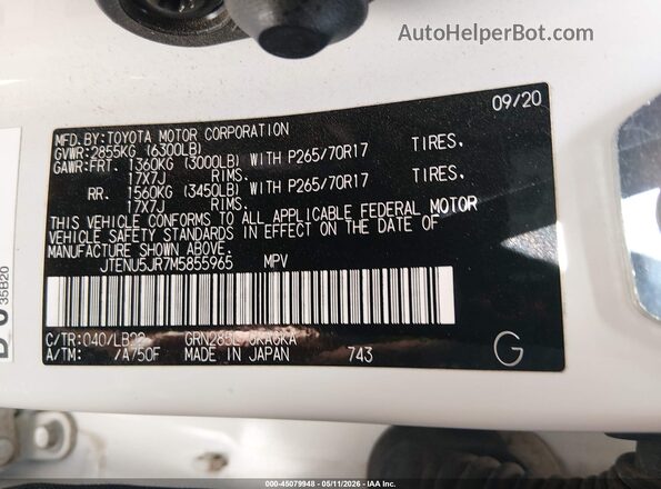 JTENU5JR7M5855965 2021 TOYOTA 4RUNNER White Vista del compartimento del motor