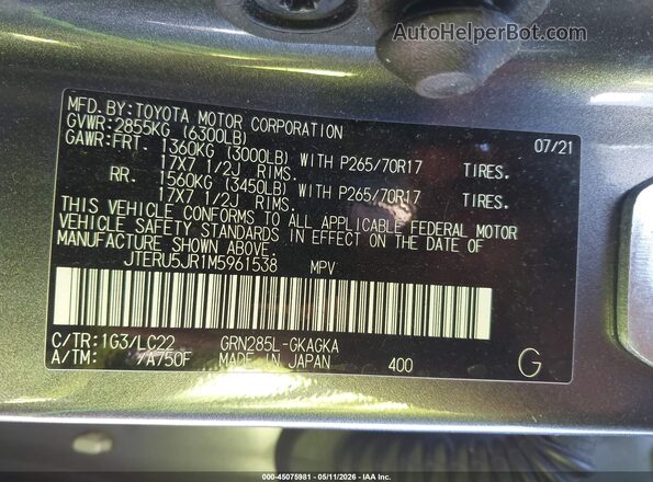 JTERU5JR1M5961538 2021 TOYOTA 4RUNNER Black Widok komory silnika