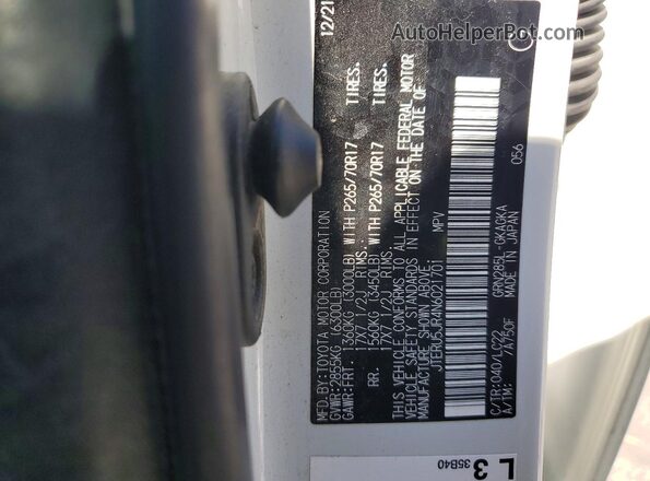 JTERU5JR4N6021701 2022 TOYOTA 4RUNNER White VIN კოდის სტიკერის ხედი
