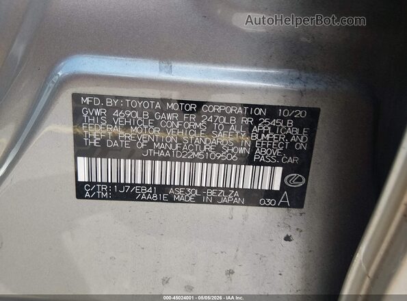 JTHAA1D22M5109506 2021 LEXUS IS 300 Silver 