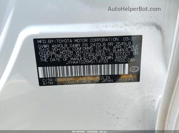 JTHAA1D25M5114733 2021 LEXUS IS 300 White Շարժիչի բաժամունքի տեսք