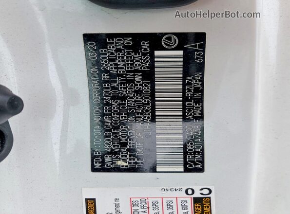 JTHAA5BC6L5010821 2020 LEXUS RC White Widok naklejki z numerem VIN