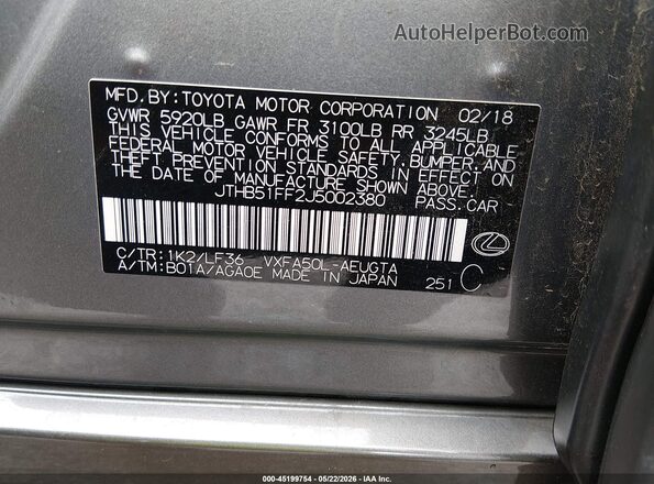 JTHB51FF2J5002380 2018 LEXUS LS 500 Gray Engine compartment view