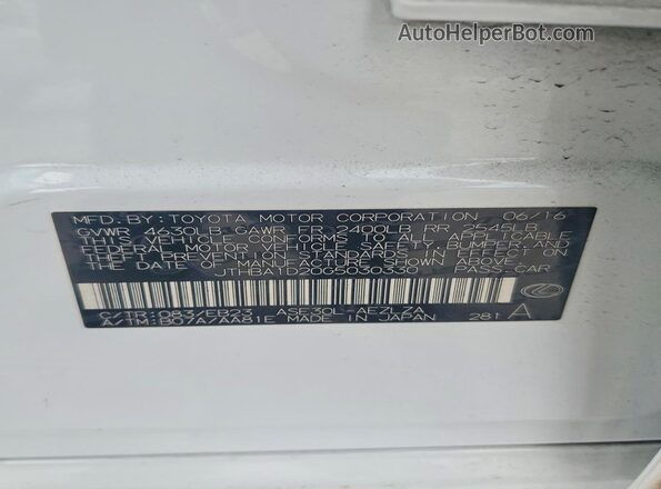 JTHBA1D20G5030330 2016 LEXUS IS White Vista de la etiqueta del VIN
