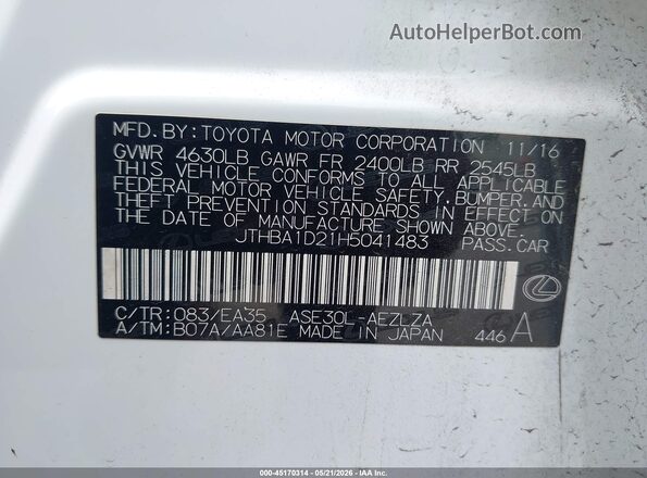 JTHBA1D21H5041483 2017 LEXUS IS 200T Белый Вид подкапотного пространства
