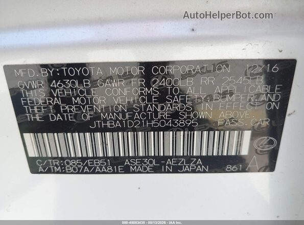JTHBA1D21H5043895 2017 LEXUS IS 200T White 