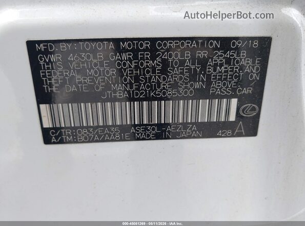 JTHBA1D21K5085300 2019 LEXUS IS 300 White Շարժիչի բաժամունքի տեսք