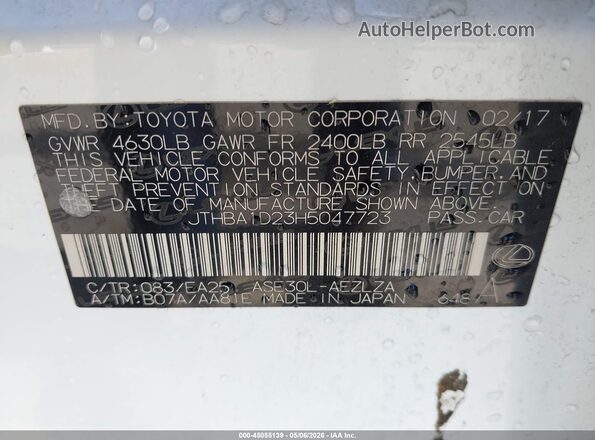 JTHBA1D23H5047723 2017 LEXUS IS 200T White Շարժիչի բաժամունքի տեսք