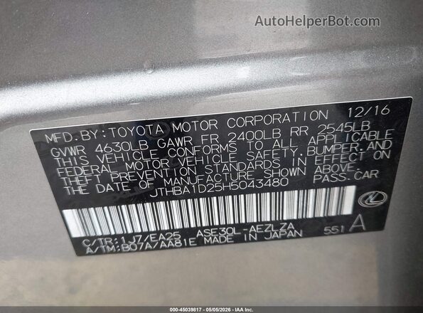 JTHBA1D25H5043480 2017 LEXUS IS 200T Silver 