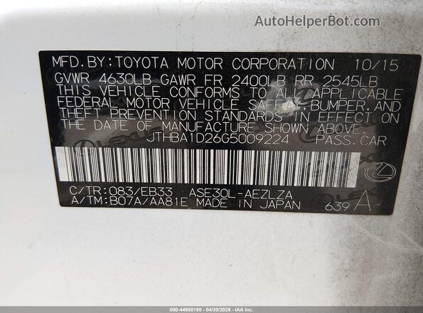 JTHBA1D26G5009224 2016 LEXUS IS 200T White Vista del compartimento del motor