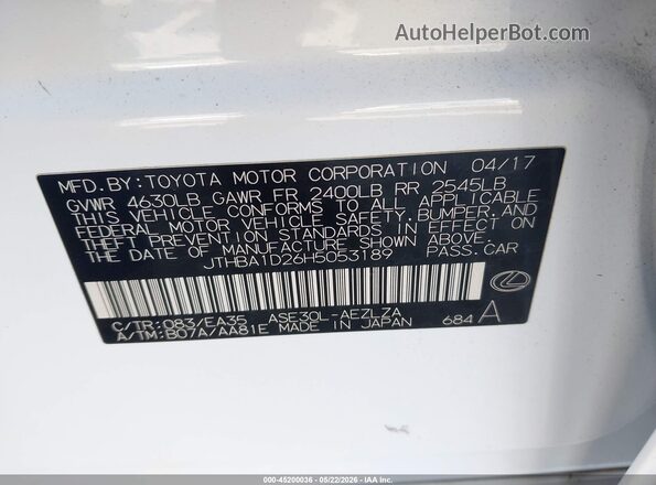 JTHBA1D26H5053189 2017 LEXUS IS 200T White Շարժիչի բաժամունքի տեսք