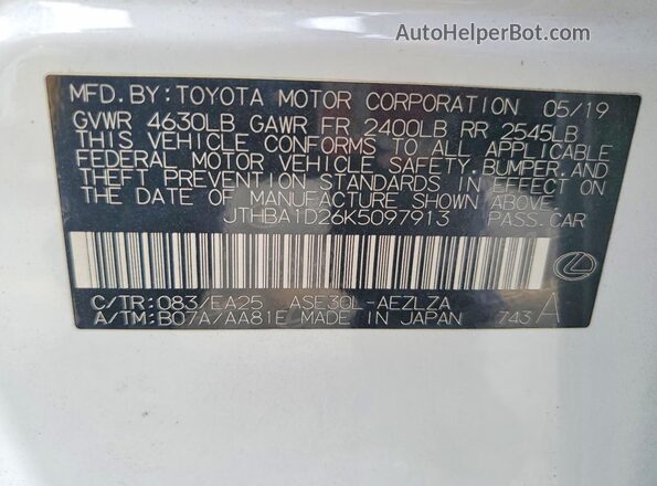 JTHBA1D26K5097913 2019 LEXUS IS White VIN sticker view