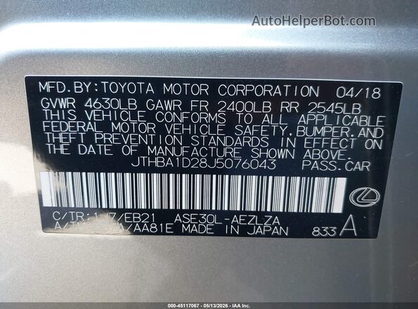 JTHBA1D28J5076043 2018 LEXUS IS 300 Silver 