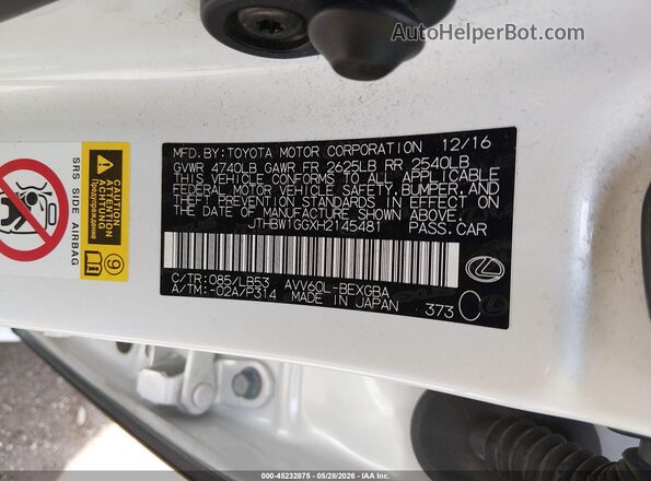 JTHBW1GGXH2145481 2017 LEXUS ES 300H White Engine compartment view