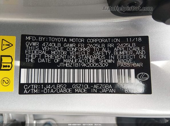 JTHBZ1B19K2005309 2019 LEXUS ES 350 Silver Widok komory silnika