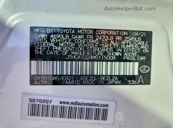 JTHCA1D24M5115008 2021 LEXUS IS White Вид підкапотного простору