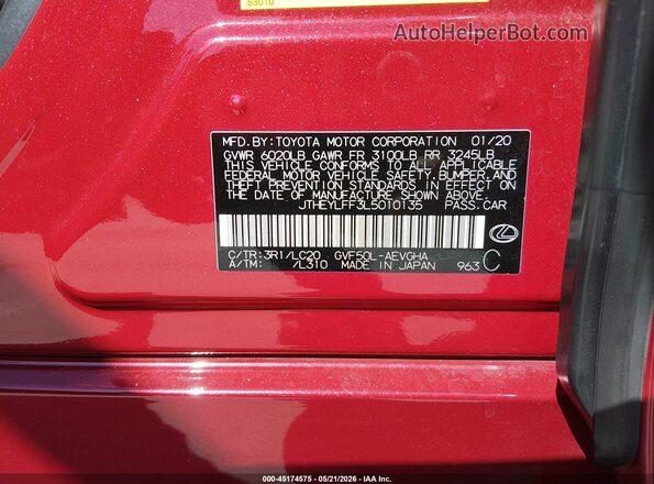 JTHEYLFF3L5010135 2020 LEXUS LS 500H Red Вид підкапотного простору