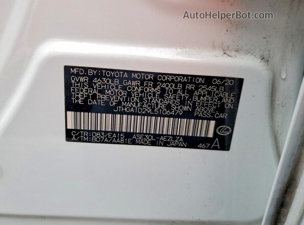 JTHGA1D29L5106479 2020 LEXUS IS White VIN კოდის სტიკერის ხედი