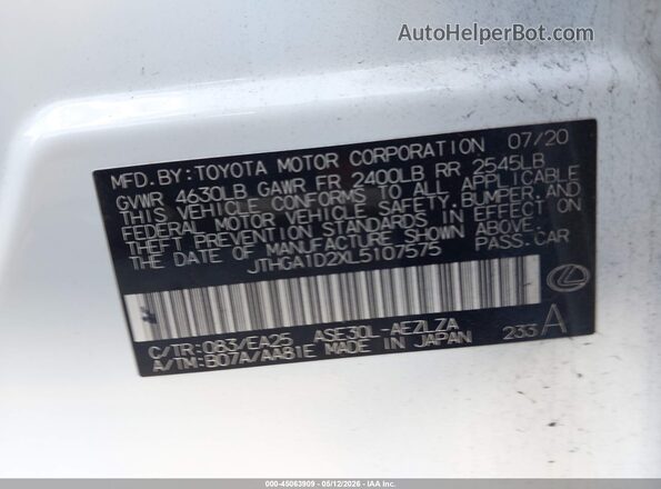 JTHGA1D2XL5107575 2020 LEXUS IS 300 White 