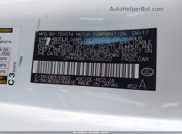 JTHHA5BC1H5006522 2017 LEXUS RC 200T White Widok komory silnika