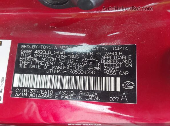 JTHHA5BCXG5004220 2016 LEXUS RC 200T Red Engine compartment view